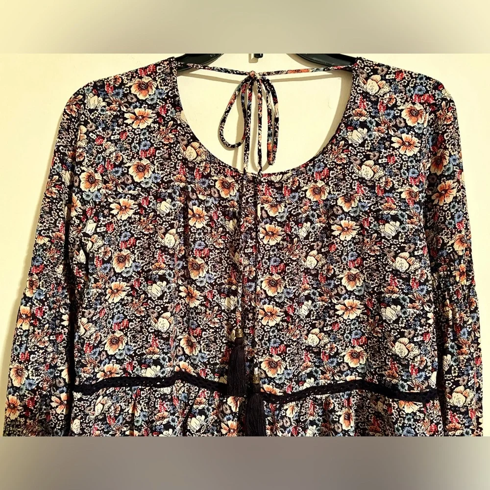 Women’s Knox Rose Multicolor Floral Tie Back Blouse with Tassels Sz XS Oversized - Picture 13 of 16